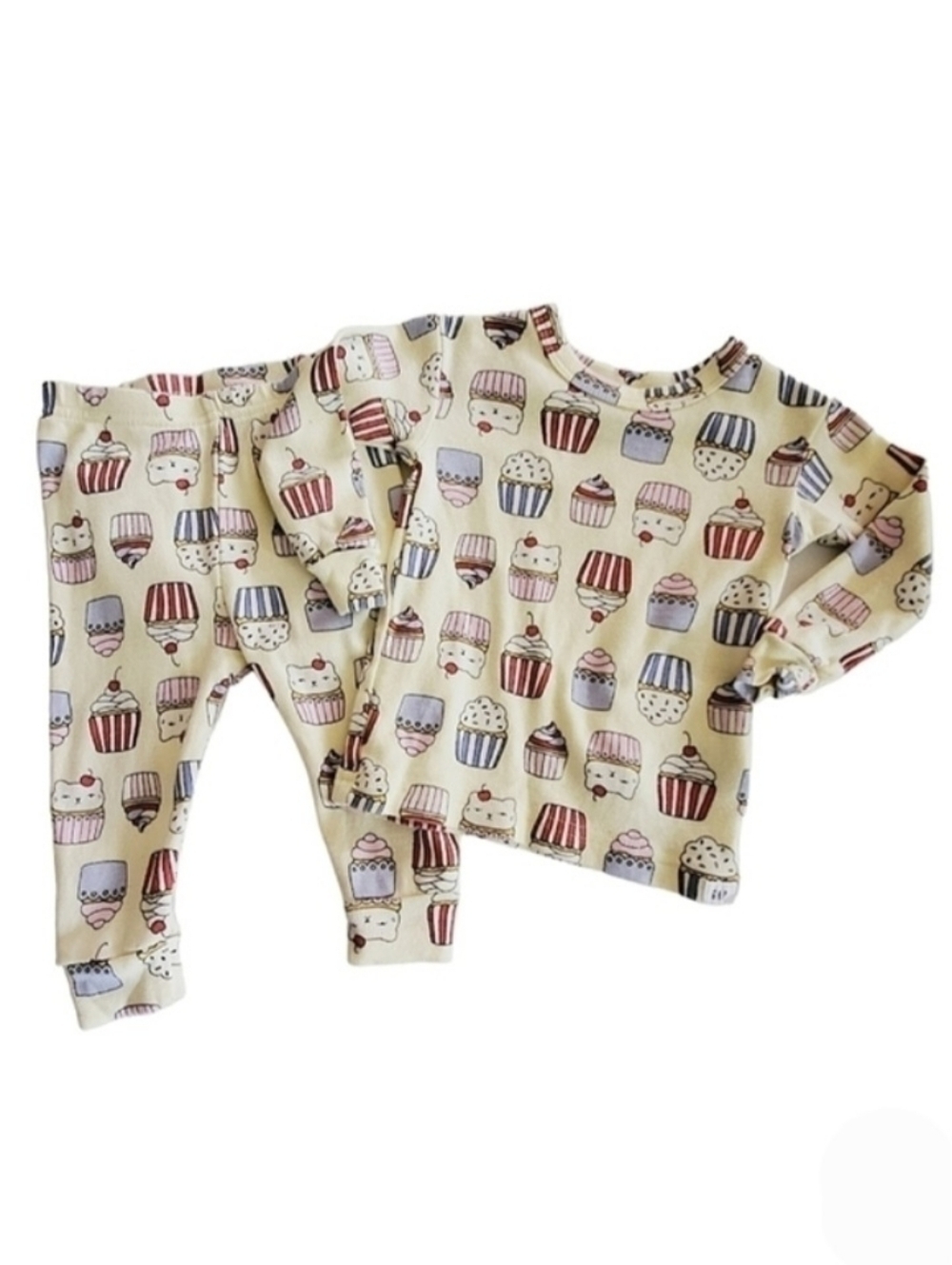 K1006 * Baby Gap Girls Cupcake Print Pajama Top & Bottom Yellow Size 6/12M - Picture 1 of 5
